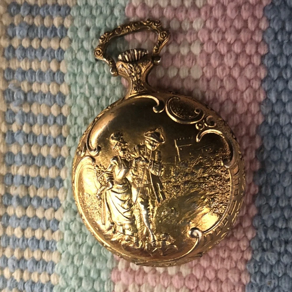 Gold Tone Floral Pocket Watch easy to change face. Victorian dancers